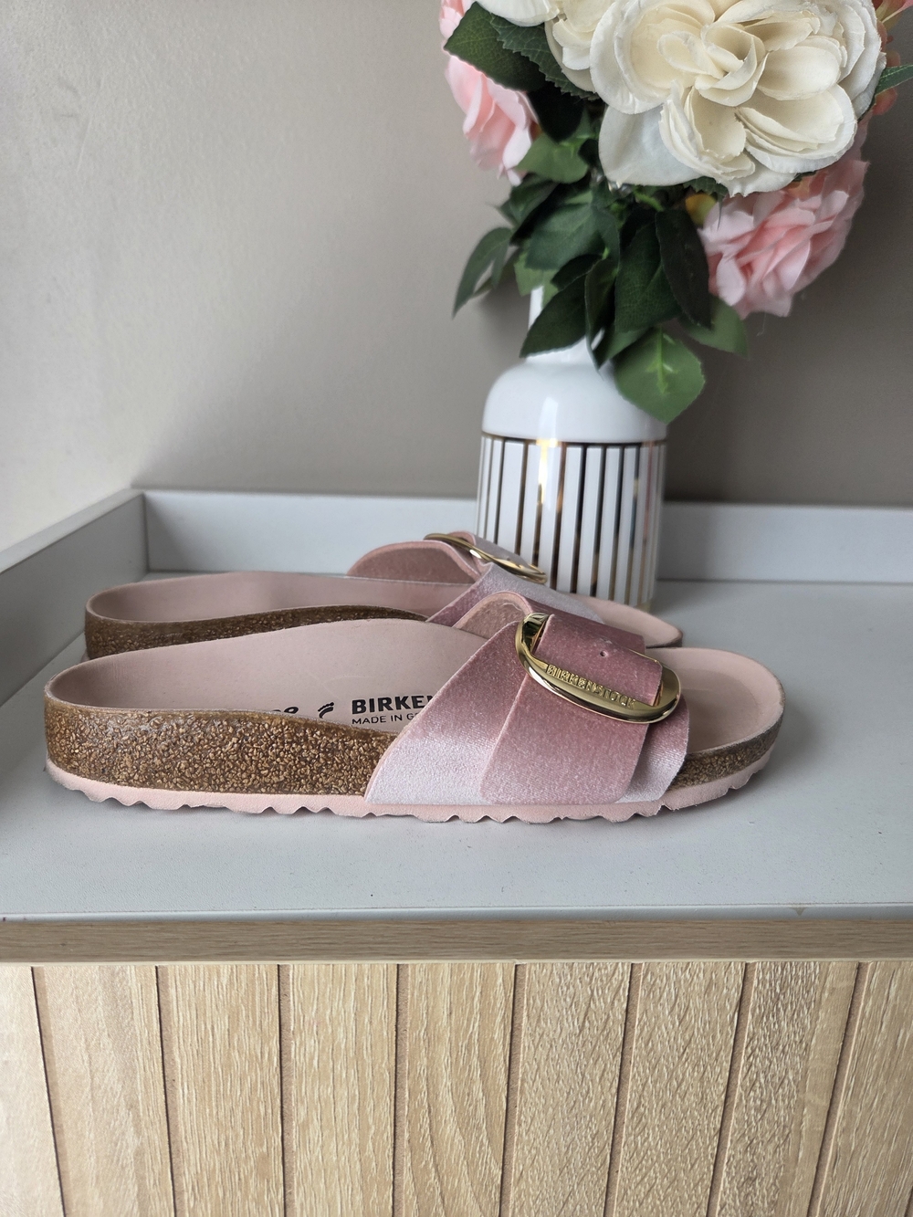 Birkenstock Pink Slide Sandals with Gold Buckles - Picture 8 of 16